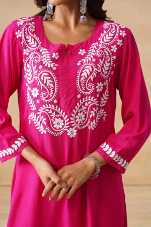 Chikankari Solid Rayon Women's 2 PC Long Kurta Set