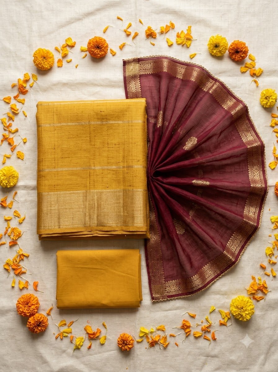 Mustard & Maroon Tussar Silk