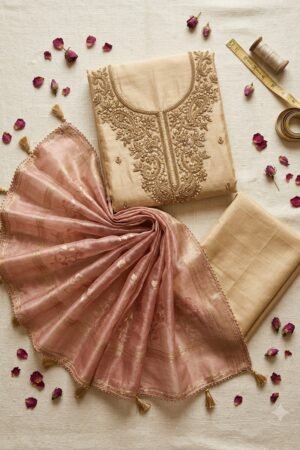 Noor Mahal - Beige Pure Tussar Silk Zardozi Suit Set with Rose Gold Banarasi Tissue Dupatta