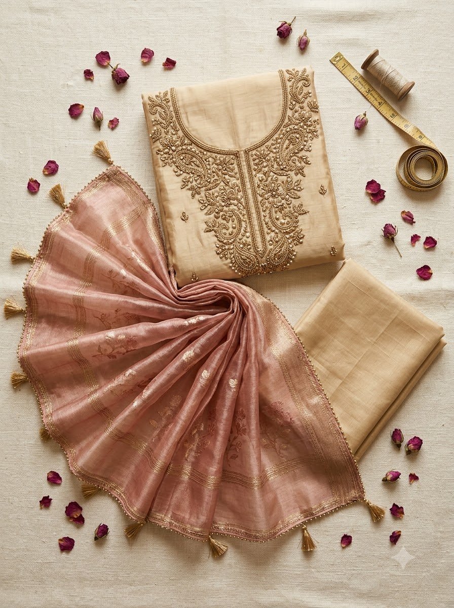 Noor Mahal - Beige Pure Tussar Silk Zardozi Suit Set with Rose Gold Banarasi Tissue Dupatta