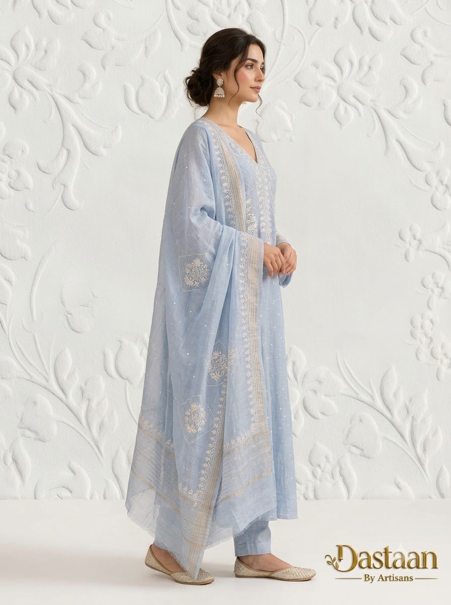 Noor - Sky Blue Pure Mul Cotton Lucknowi Chikankari Kurta Set with Zari Highlights - Image 2