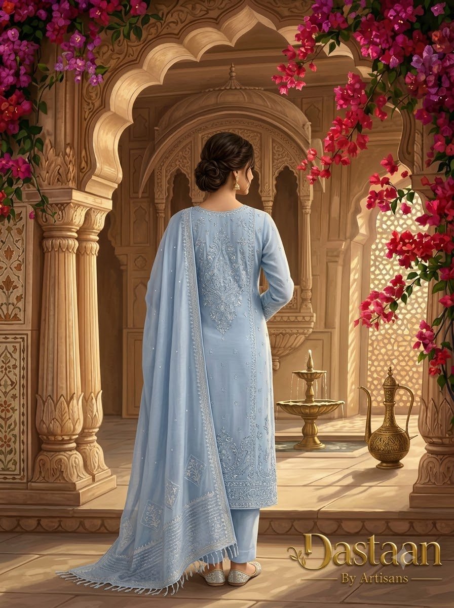 Noor - Sky Blue Pure Mul Cotton Lucknowi Chikankari Kurta Set with Zari Highlights - Image 3