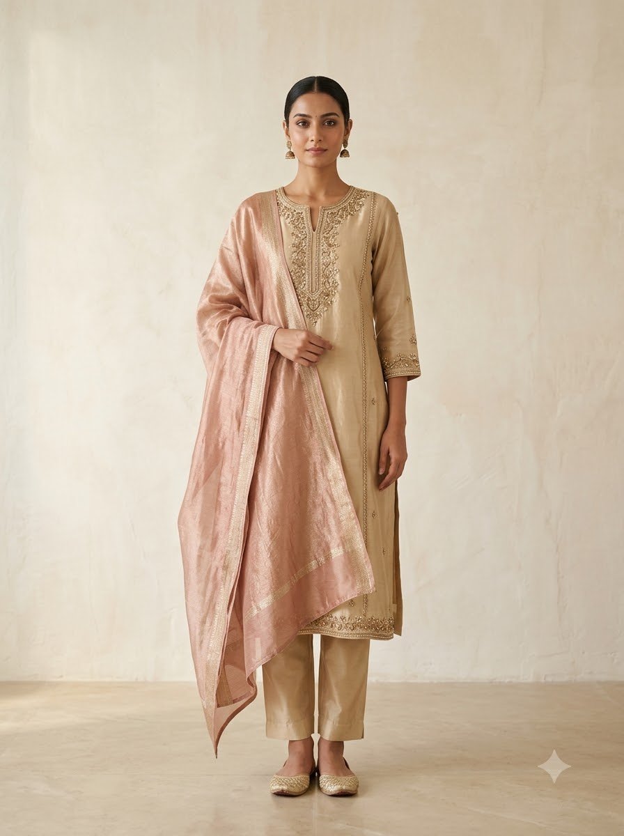 Noor Mahal - Beige Pure Tussar Silk Zardozi Suit Set with Rose Gold Banarasi Tissue Dupatta - Image 2