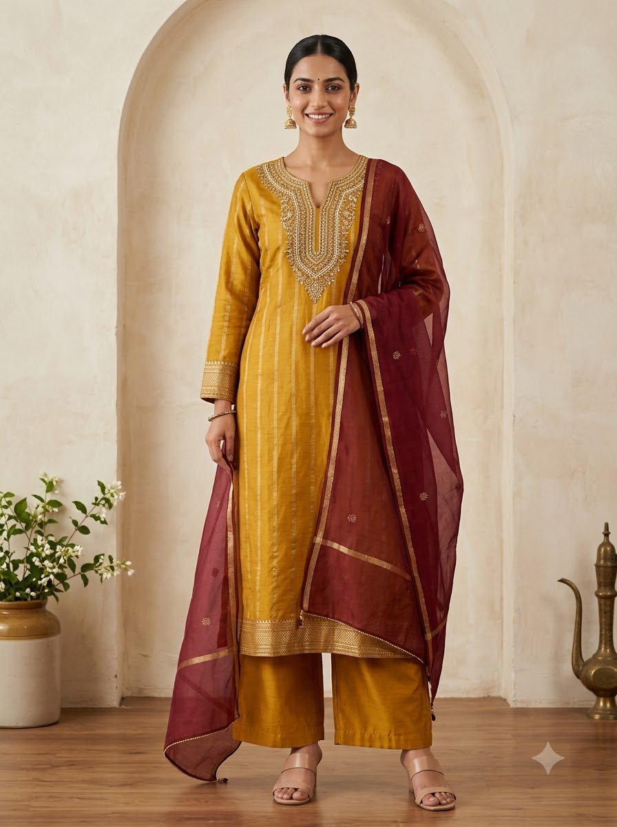 Rang - Mustard Pure Tussar Silk Suit Set with Deep Maroon Banarasi Organza Dupatta - Image 2