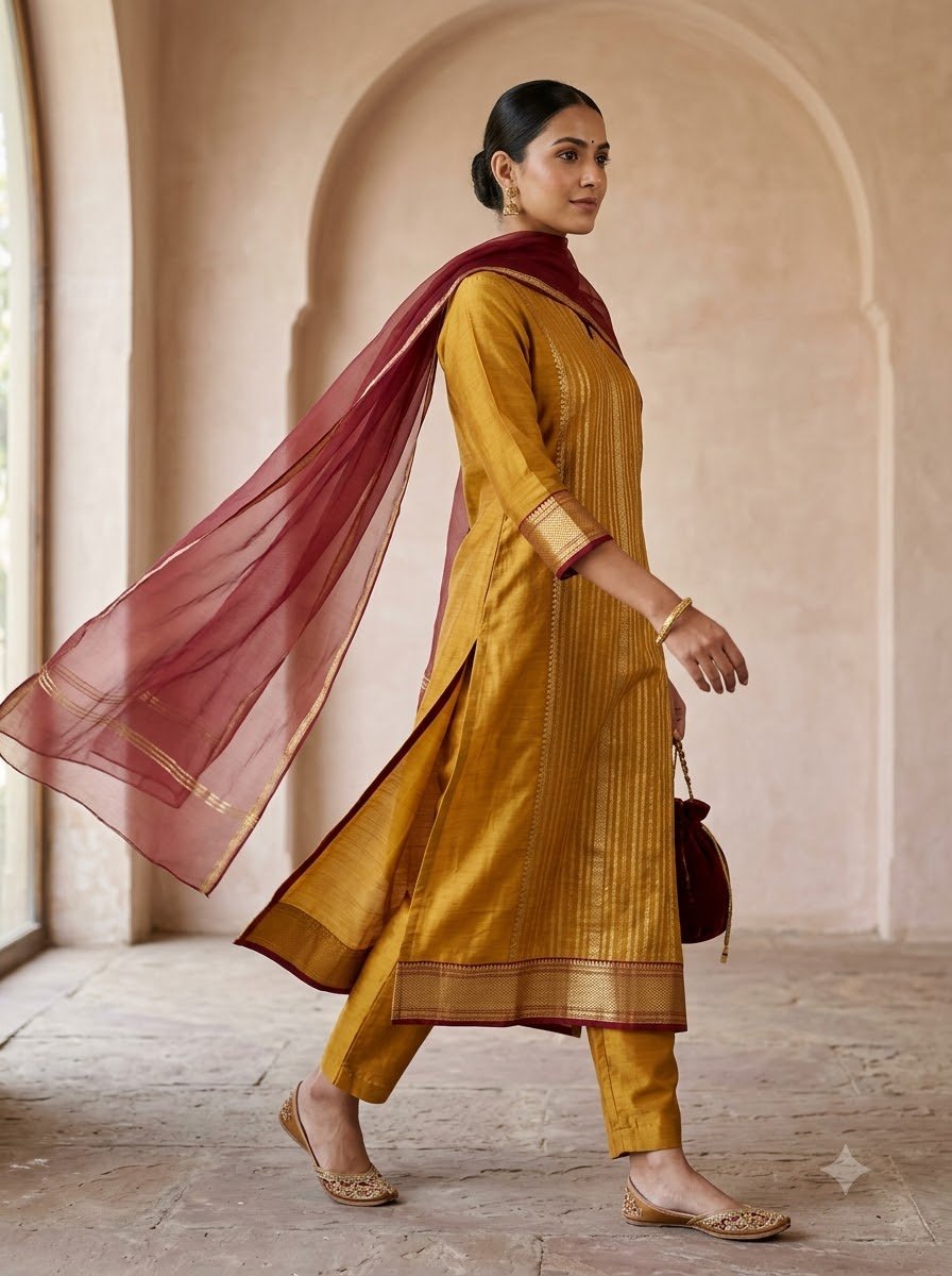 Rang - Mustard Pure Tussar Silk Suit Set with Deep Maroon Banarasi Organza Dupatta - Image 4