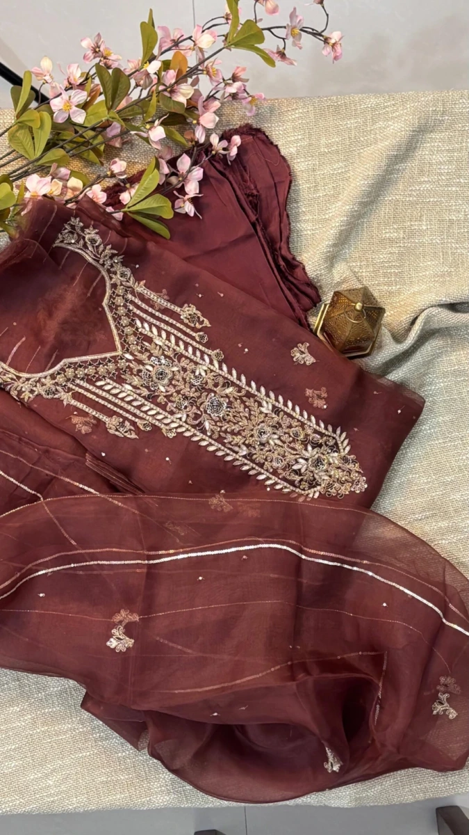 Majestic Brown-Zardozi & Gotta Patti Sequence Work on Pure Organza Fabric