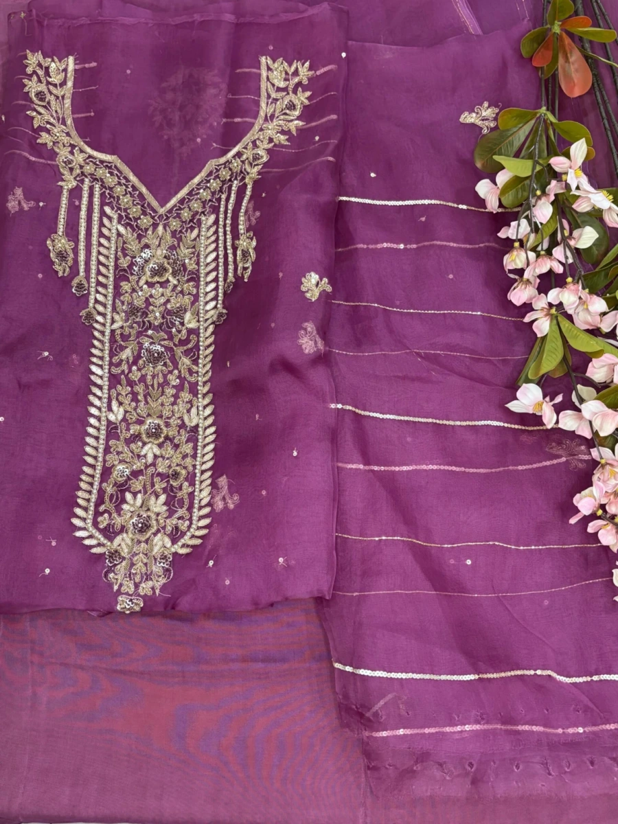 Magenta-Purple Zardozi & Gotta Patti Sequence Work on Pure Organza Fabric