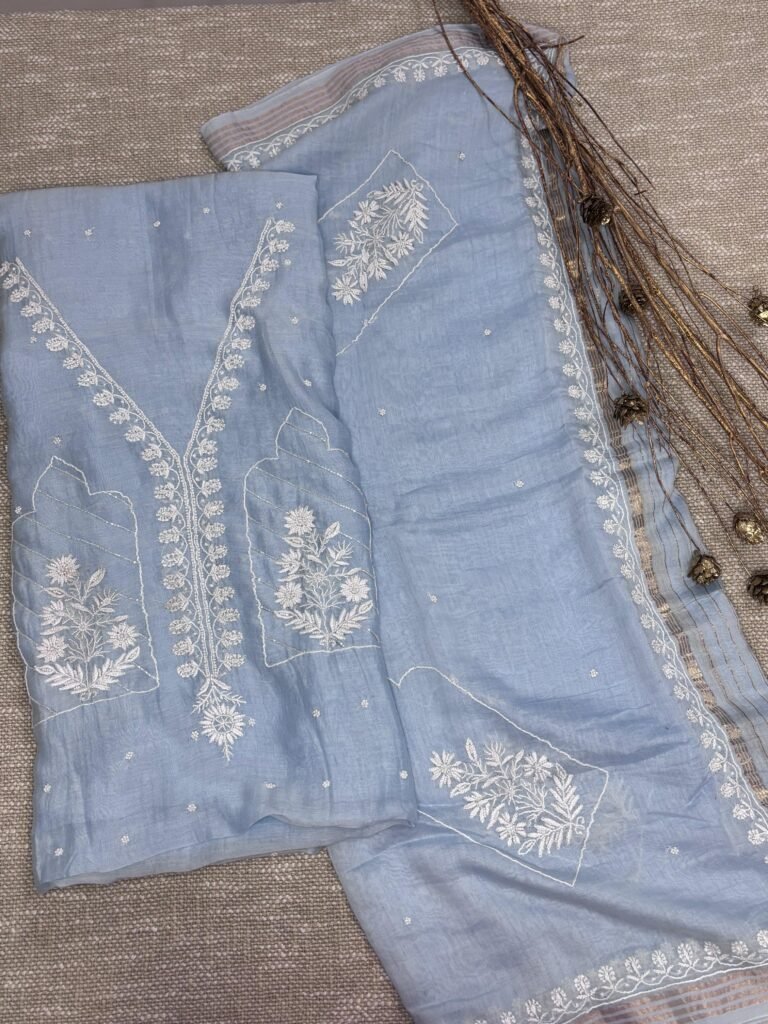 Powder Blue Pure Mul chanderi Chikankari Cut Dana & Moti Work Kurta & Dupatta