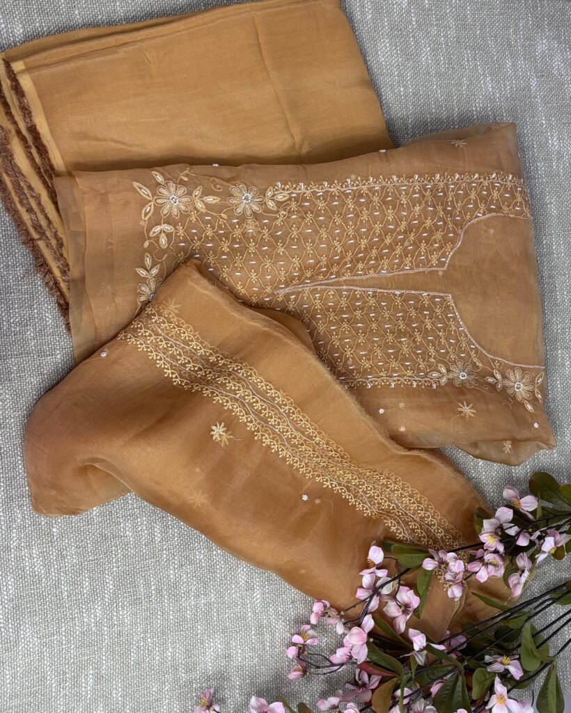 Mango Yellow Unstitched Fabric with Fine Chikankari & Pearl Work on Pure Organza Silk Fabric