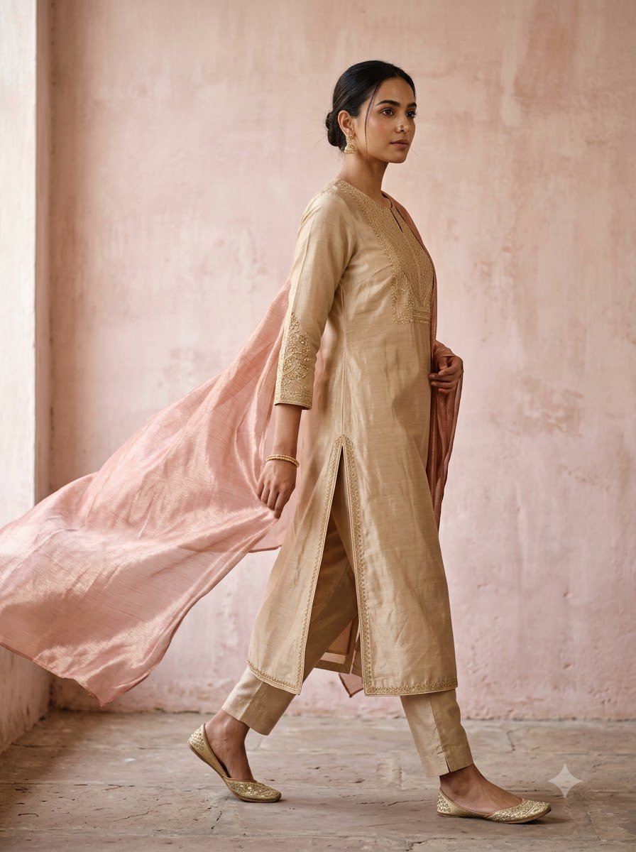 Noor Mahal - Beige Pure Tussar Silk Zardozi Suit Set with Rose Gold Banarasi Tissue Dupatta - Image 3