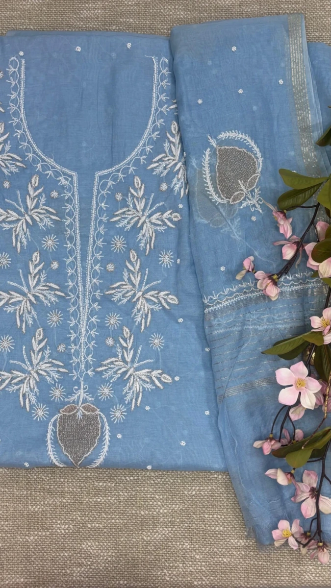 Sky Blue Pure Mul chanderi Chikankari Cut Dana & Moti Work Kurta & Dupatta without Bottom.