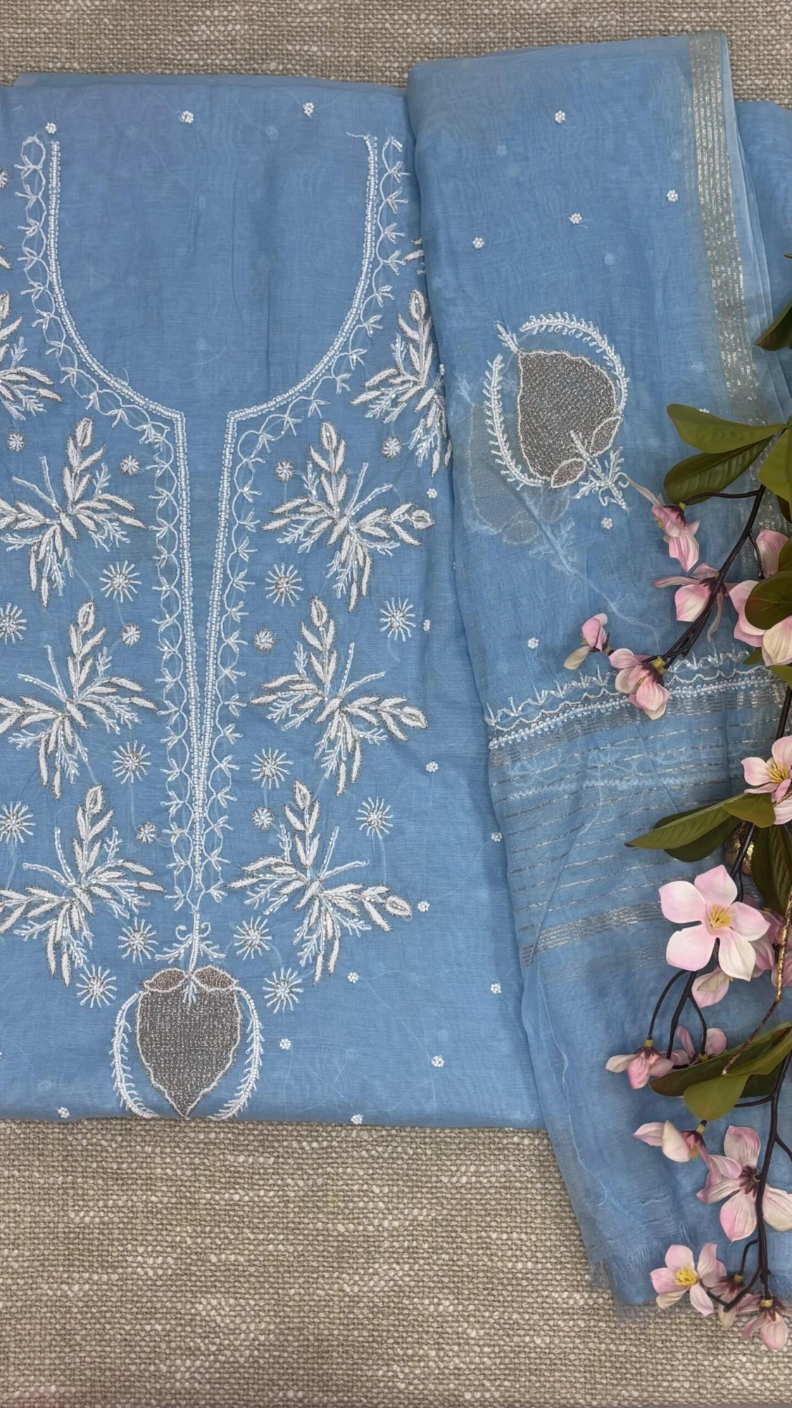 Sky Blue Pure Mul chanderi Chikankari Cut Dana & Moti Work Kurta & Dupatta without Bottom.