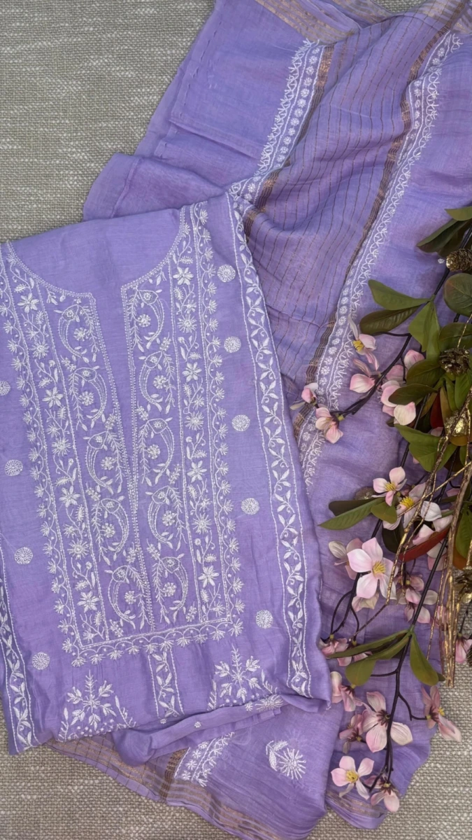 Lavender Mul Chanderi Fine Chikankari Cut Dana , Neck & Front Panel Design With Butas All Over.
