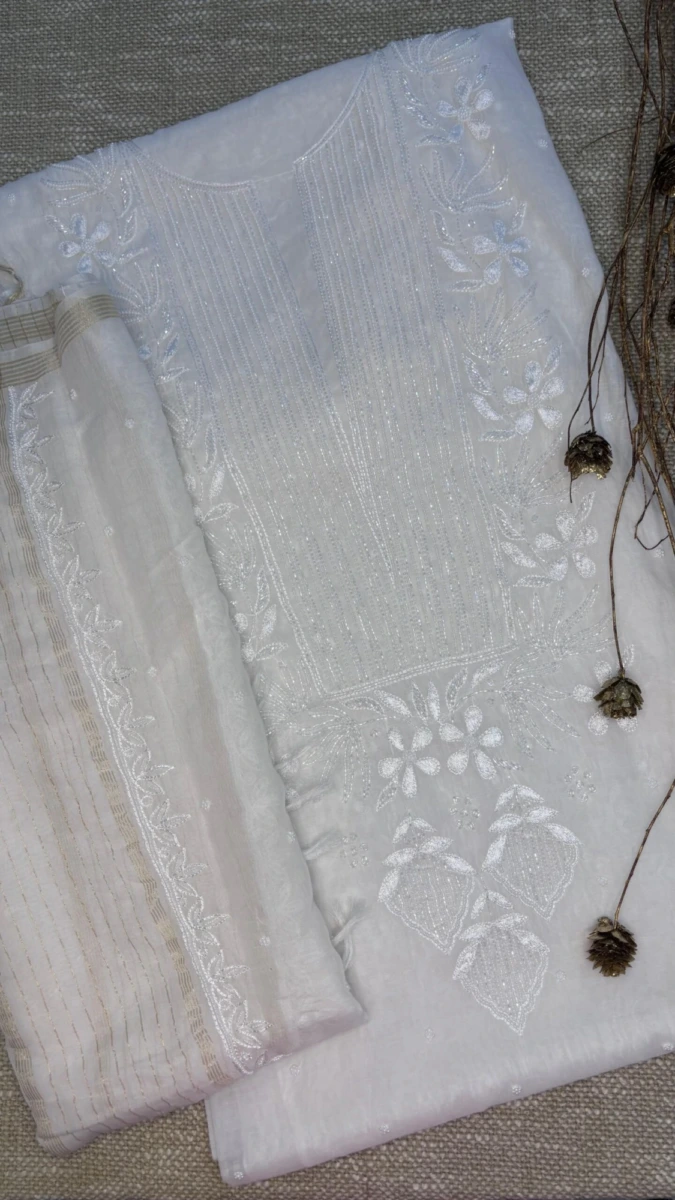Pearl White Mul Chanderi Fabric Chikankari Embroidery with Cut Dana Heavy Neck Design