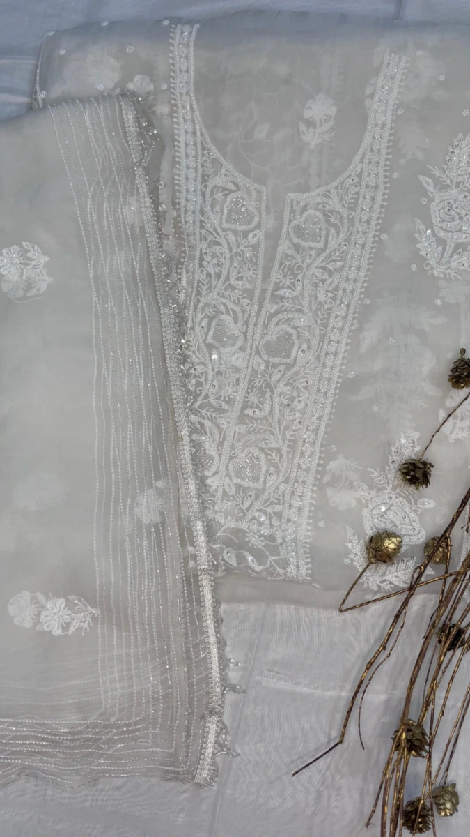 Noor-e-Safa Pure Organza Silk Fabric with Fine Chikankari Floral Vine Motifs with Cut Dana & Jaal Work