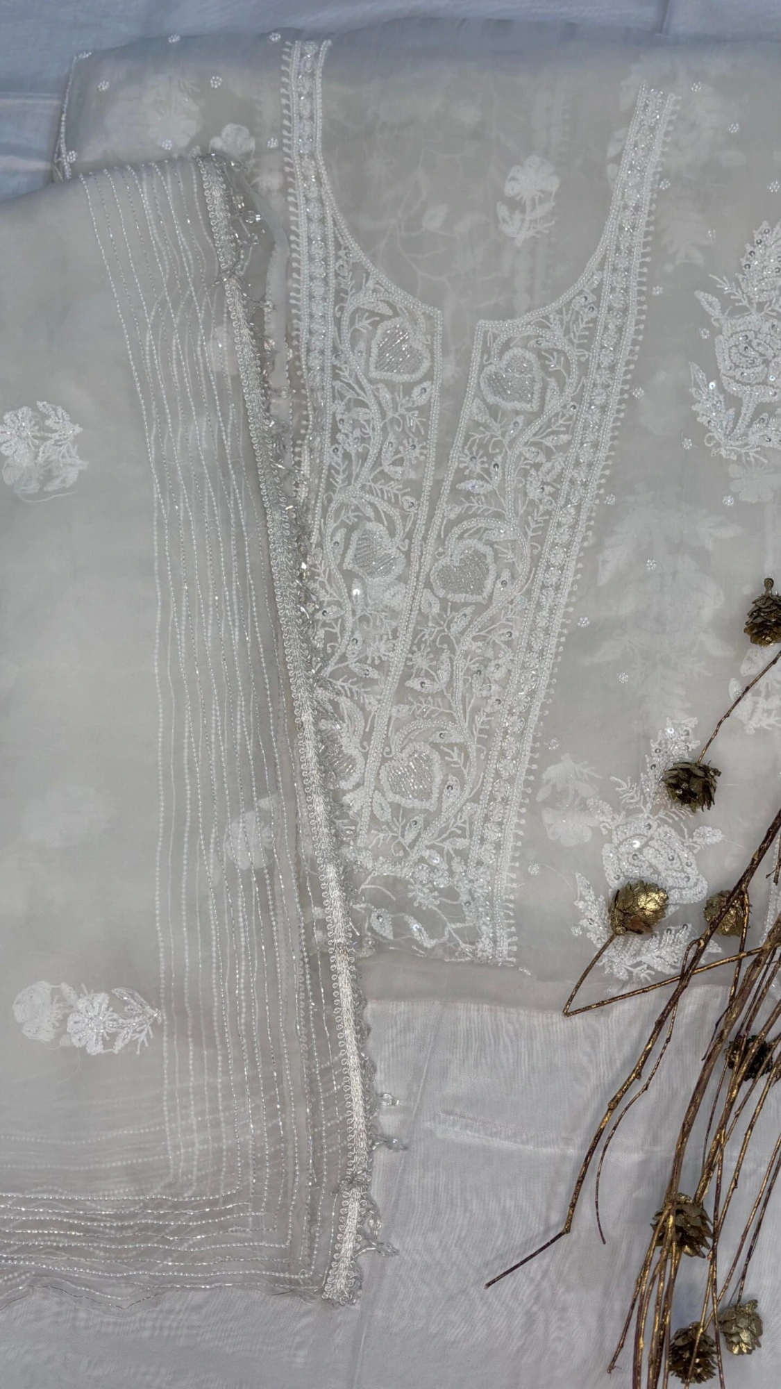 Noor-e-Safa Pure Organza Silk Fabric with Fine Chikankari Floral Vine Motifs with Cut Dana & Jaal Work