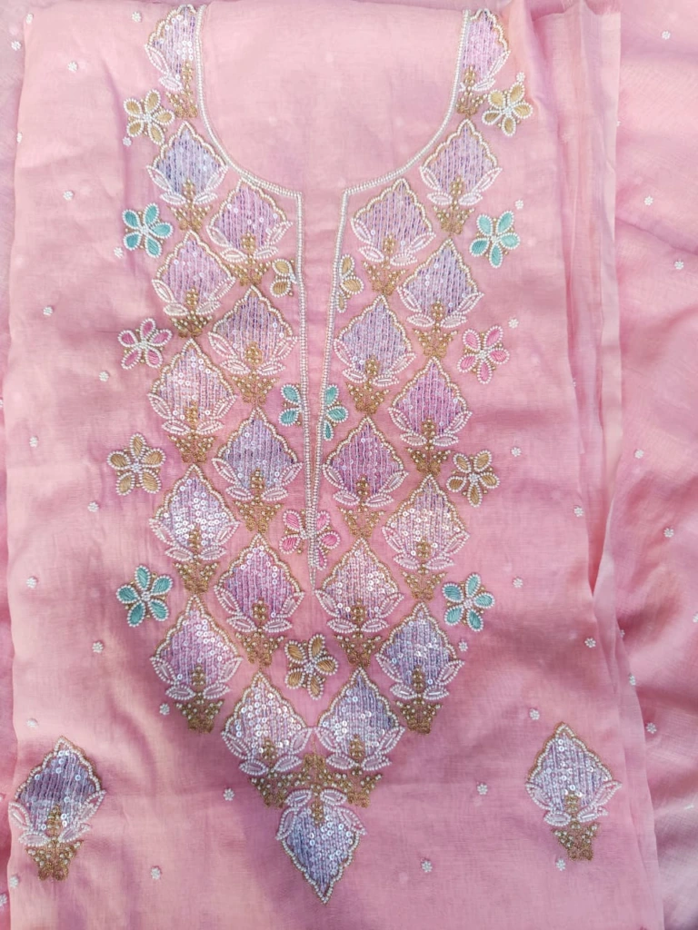 Pink Mul Chanderi Hand Embroidery embellished with Moti Sequins & Cut Dana with Multi-coloured Resham thread highlights