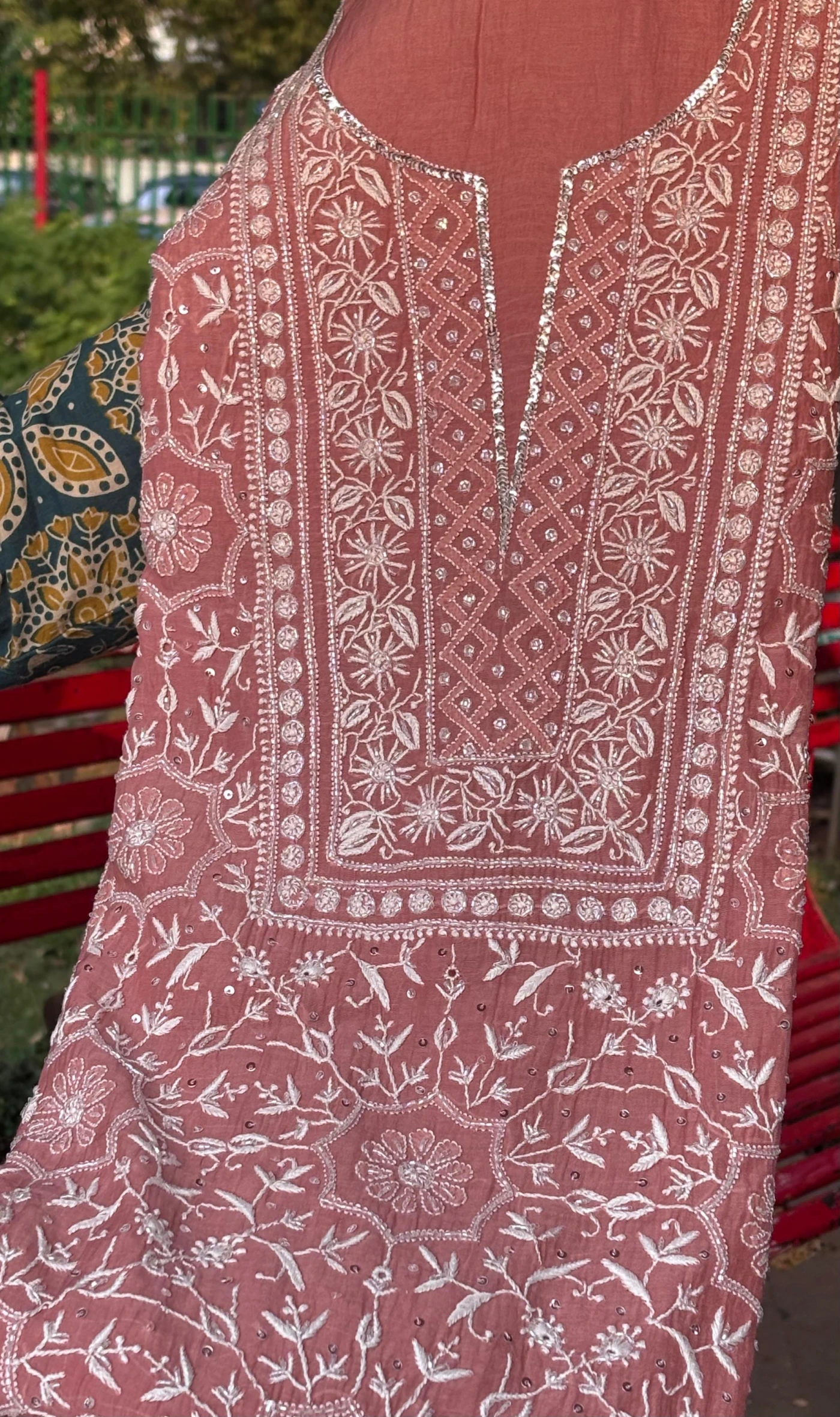 Mauve Pink Mul Chanderi Fine Chikankari Embroidery embellished with delicate Sequins & Cut Dana