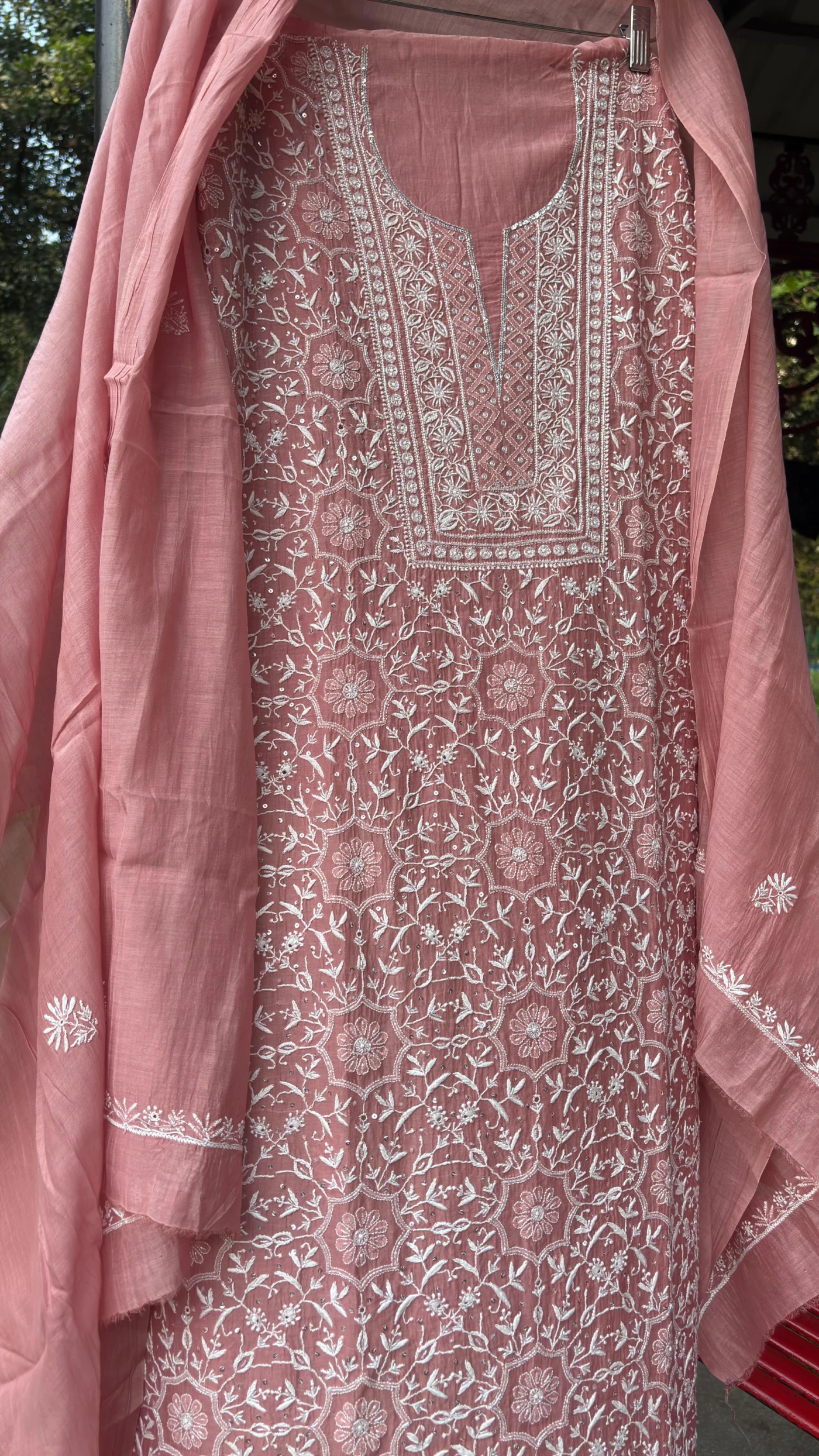Mauve Pink Mul Chanderi Fine Chikankari Embroidery embellished with delicate Sequins & Cut Dana
