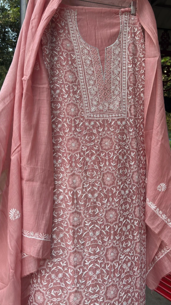 Mauve Pink Mul Chanderi Fine Chikankari Embroidery embellished with delicate Sequins & Cut Dana