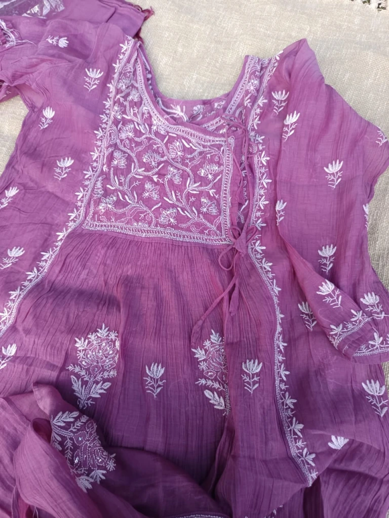 Plum Purple Angrakha  Mul Chanderi Chikankari  detailed white- on- purple threadwork with Sequins & Cut dana