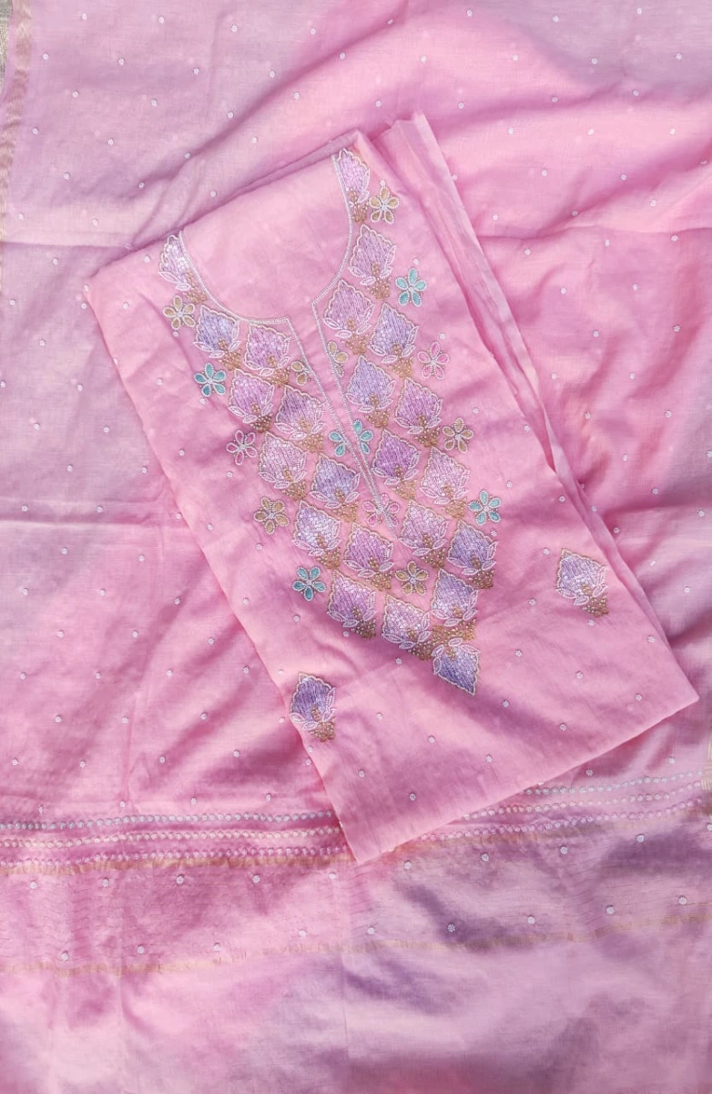 Pink Mul Chanderi Hand Embroidery embellished with Moti Sequins & Cut Dana with Multi-coloured Resham thread highlights