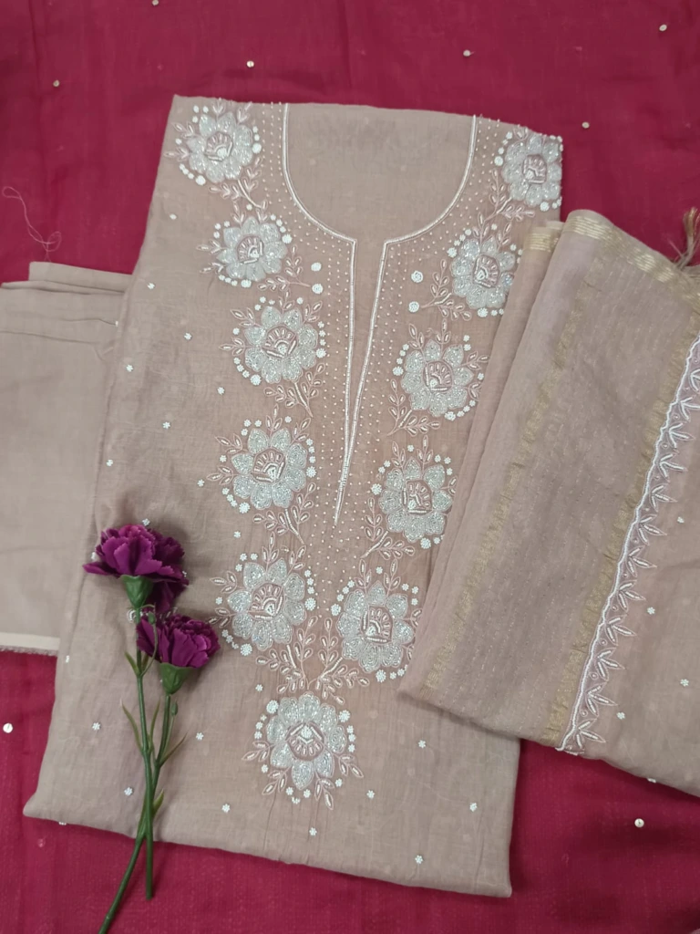 Mauve Brown Mul Chanderi Chikankari Embroidery embellished with tiny white Pearls &  Cut Dana