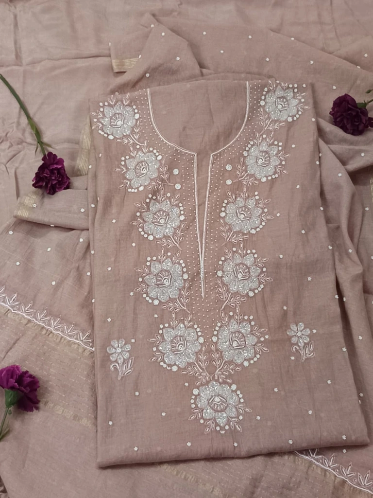 Mauve Brown Mul Chanderi Chikankari Embroidery embellished with tiny white Pearls &  Cut Dana
