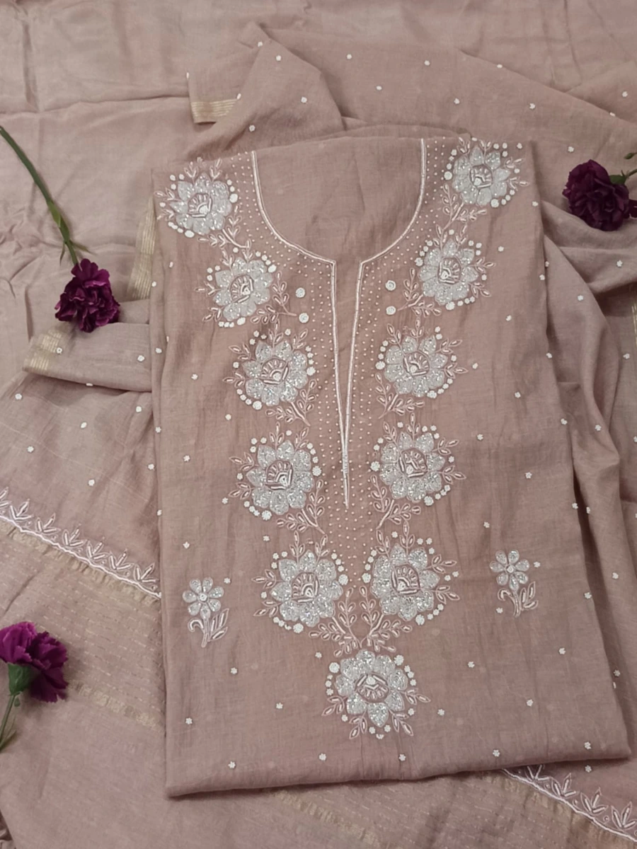 Mauve Brown Mul Chanderi Chikankari Embroidery embellished with tiny white Pearls &  Cut Dana