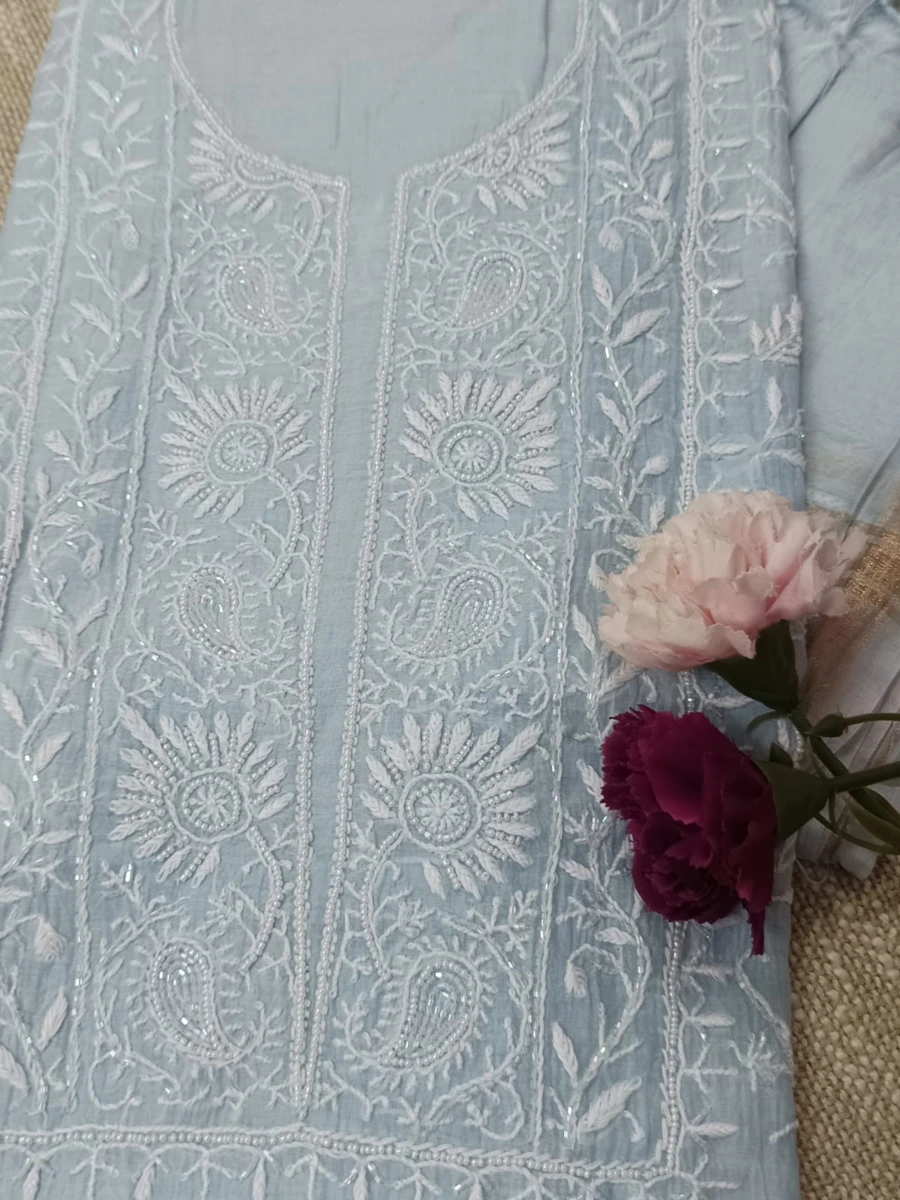 Powder Blue Mulmul Chanderi fine Chikankari Floral Jaal Pattern along with Paisley & Floral Design embellished with Moti & Cut Dana